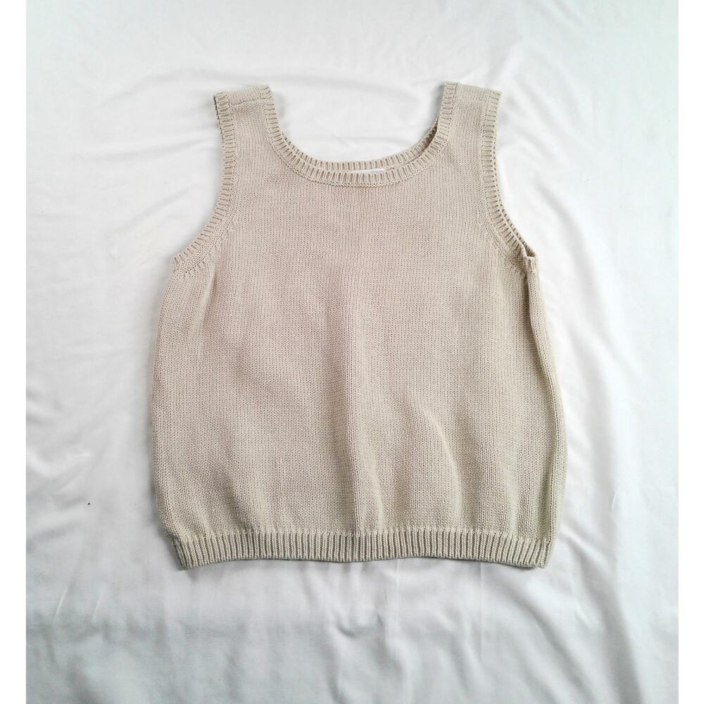 Vintage Jeanne Pierre Cotton Knit Sweater Tank Top Beige Cropped Sleeveless - Picture 4 of 5
